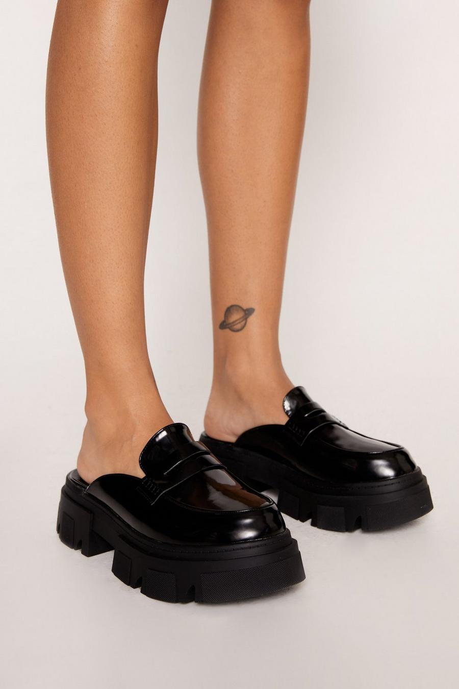 Black Faux Leather Backless Chunky Loafers