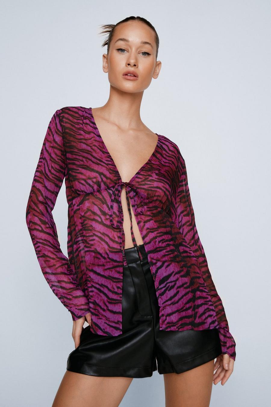 Purple Animal Print Tie Front Blouse