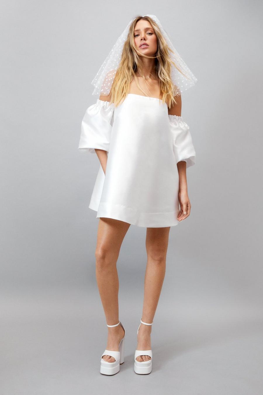 Ivory Structured Bardot Puff Sleeve Mini Prom Dress