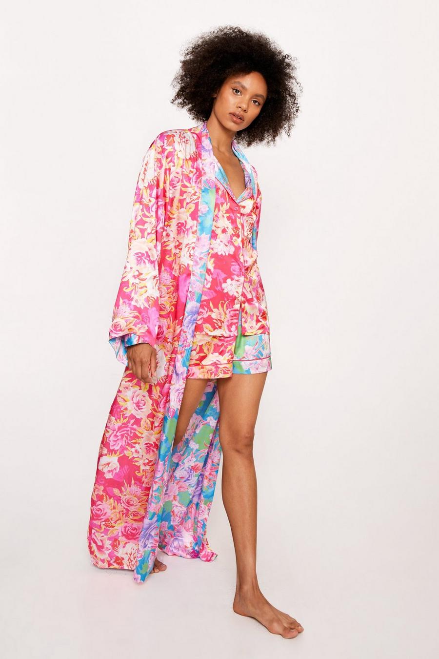 Hot pink Satin Floral Reversible Maxi Robe