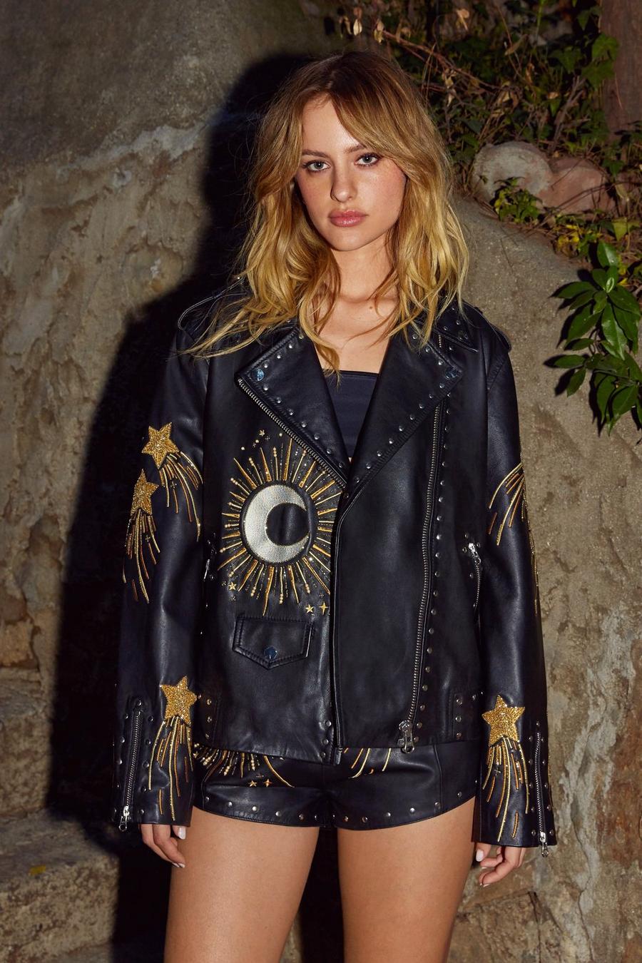 Black Real Leather Star and Moon Embroidered Jacket