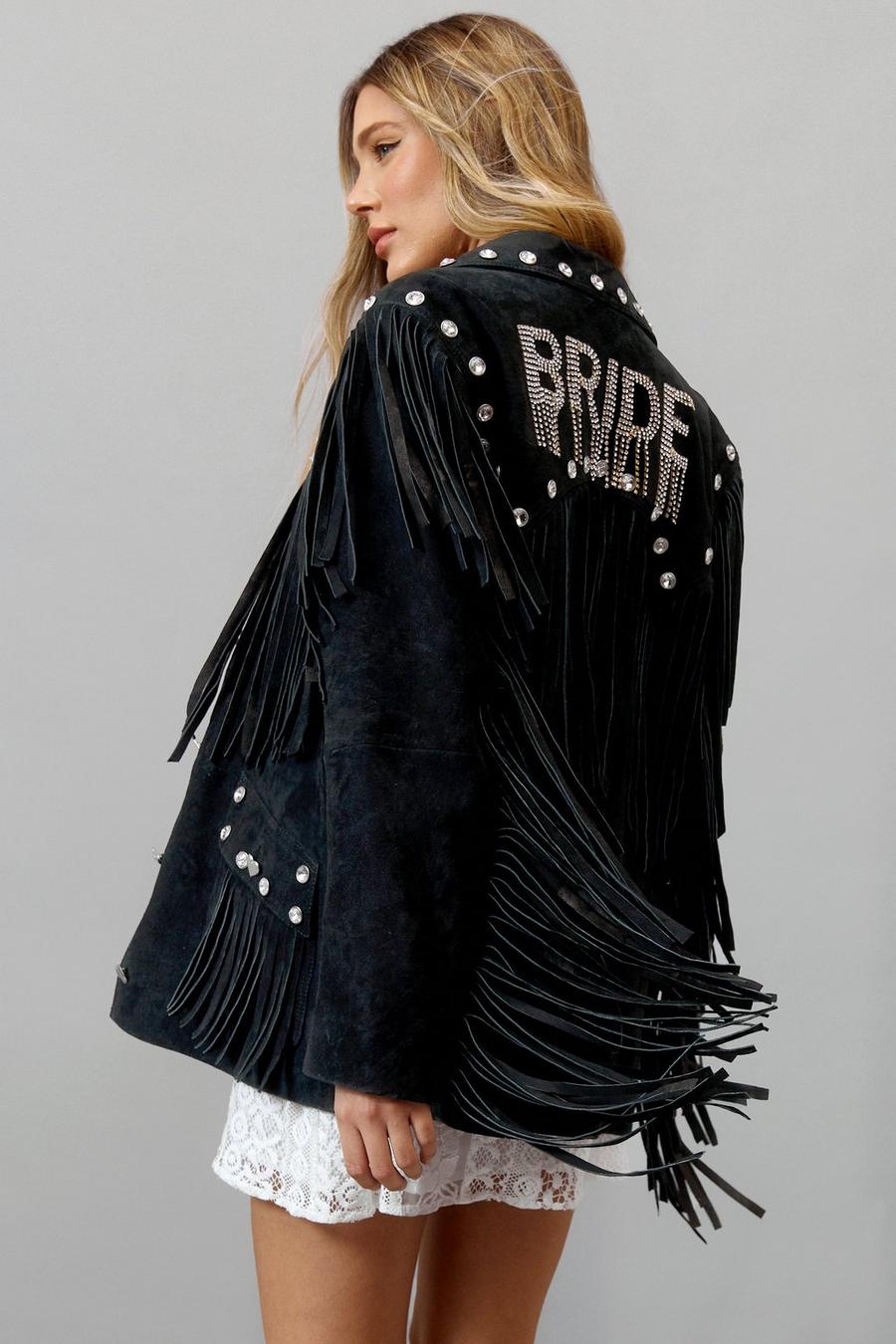 Black Real Suede Bridal Embellished Fringe Jacket