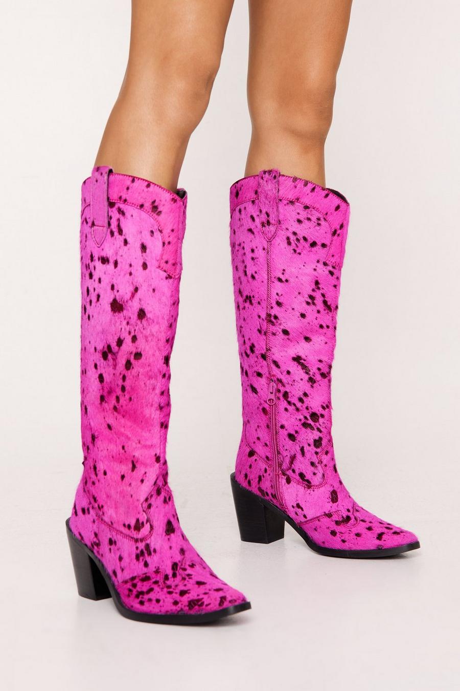 Pink Hair On Knee High Cowboy Boots