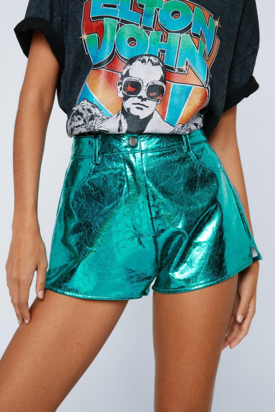 Turquoise Crackle Faux Leather Shorts