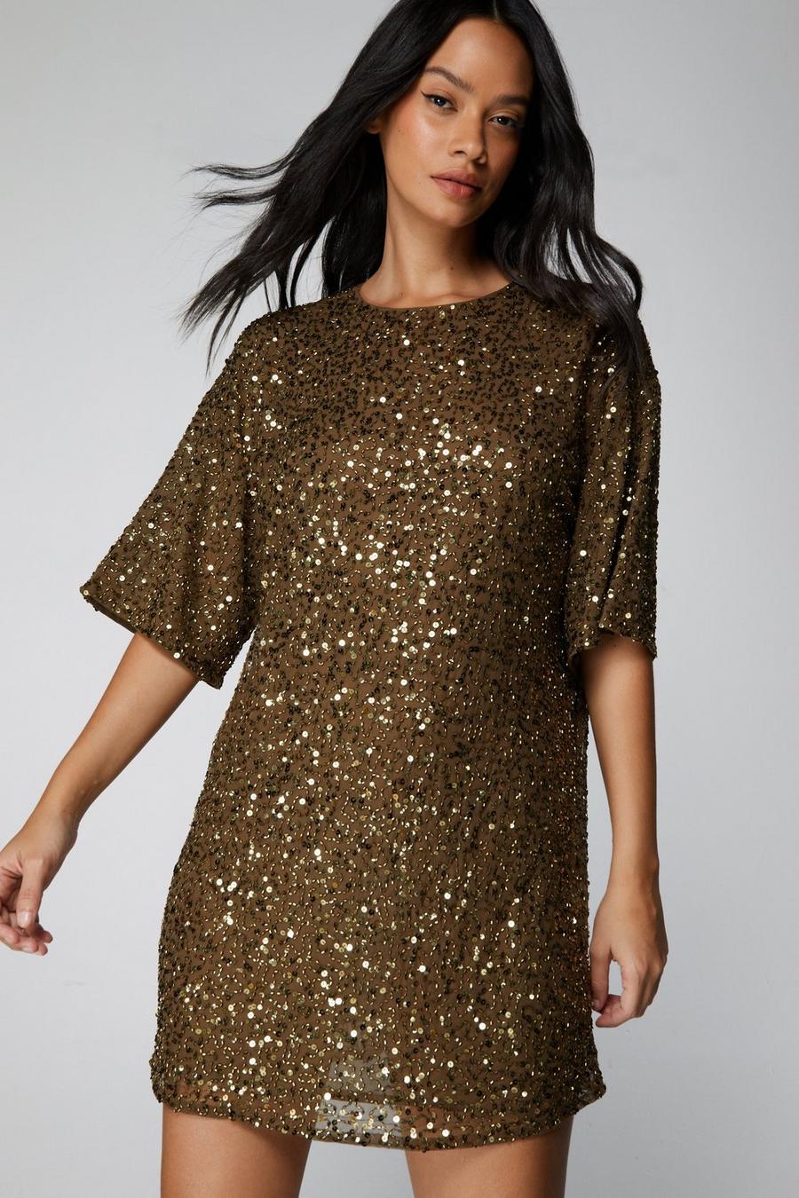 Gold Cluster Sequin Slouch Shift Dress