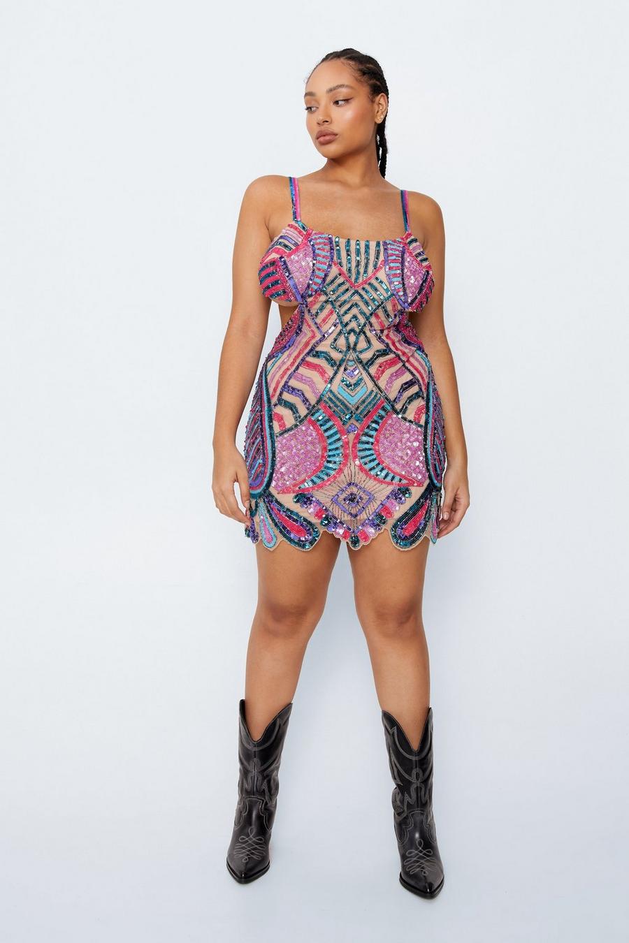Multi Plus Size Abstract Embellished Cut Out Mini Dress