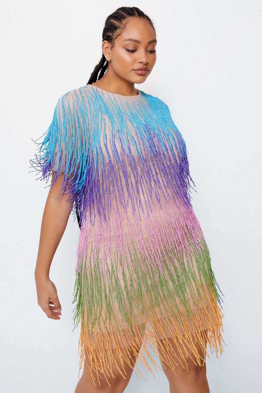 Multi Plus Size Rainbow Tassel Fringe Shift Dress