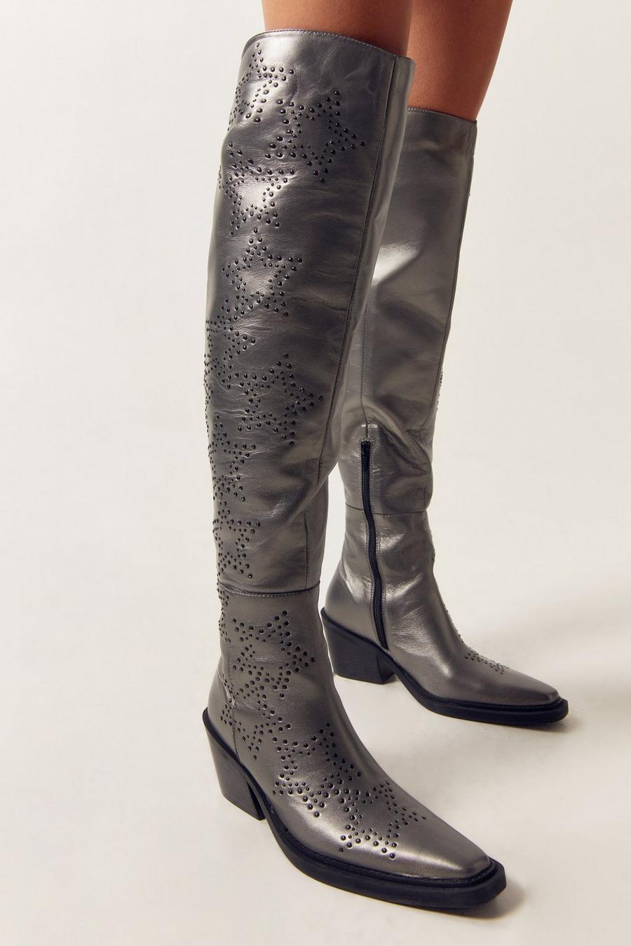 Gun metal Real Leather Metallic Star Studed Over The Knee Cowboy Boots