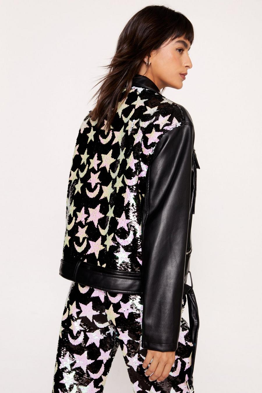 Black  Star And Moon Sequin Faux Leather Biker Jacket 
