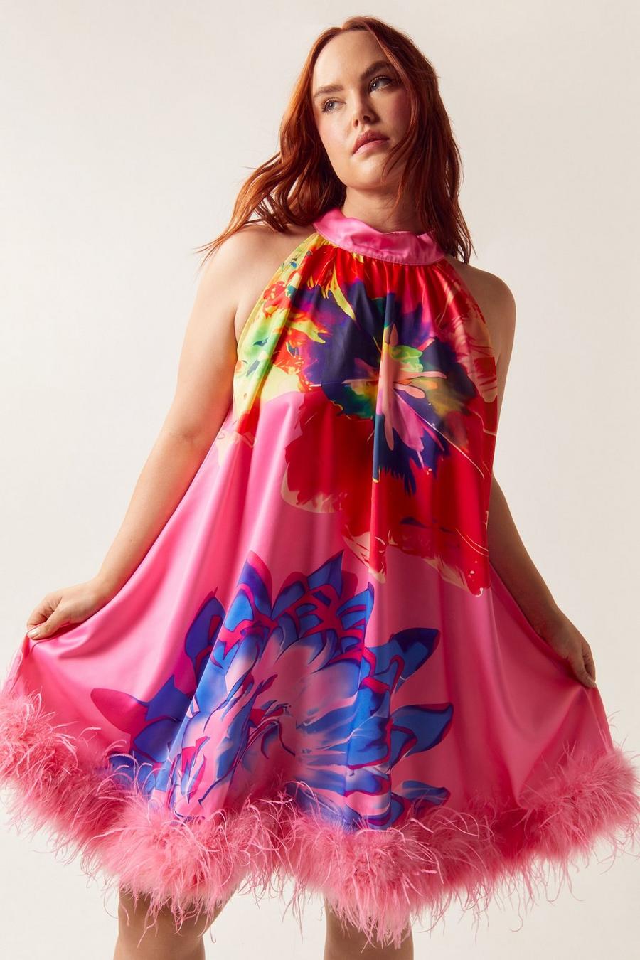 Hot pink Plus Size Floral Halterneck Sleeveless Swing Dress