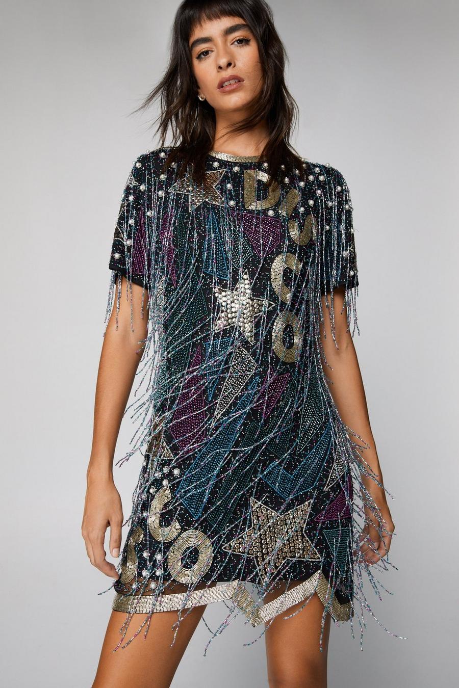 Multi Disco Beaded Tassel T-Shirt Mini Dress