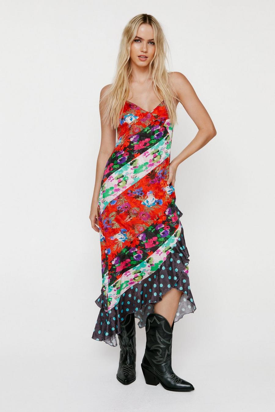 Red Mixed Floral Spot Print Strappy Midaxi Dress