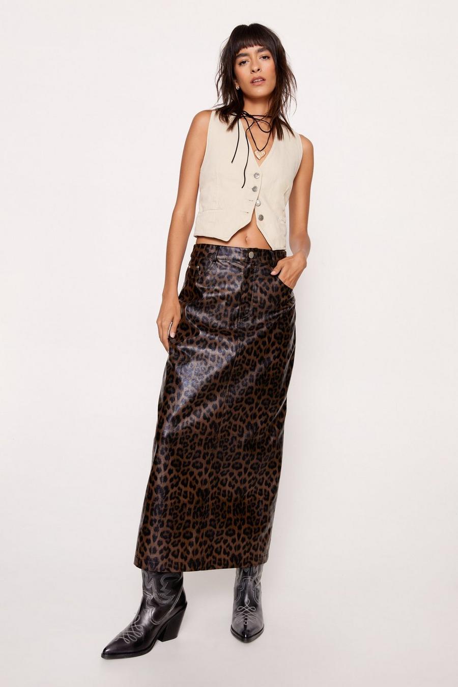 Brown Premium Leopard Faux Leather Maxi Skirt