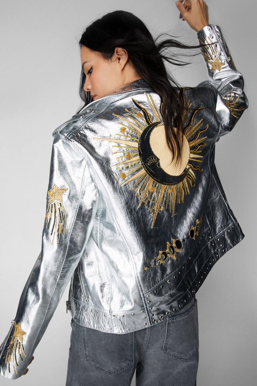 Silver Real Leather Star And Moon Embroidered Jacket