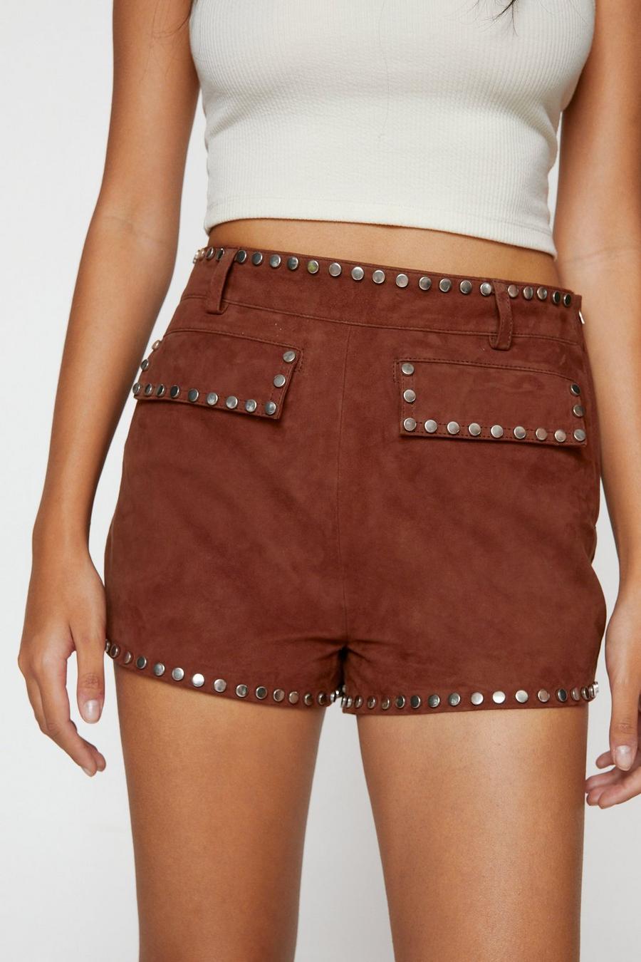 Tan Real Suede Studded Detail Shorts