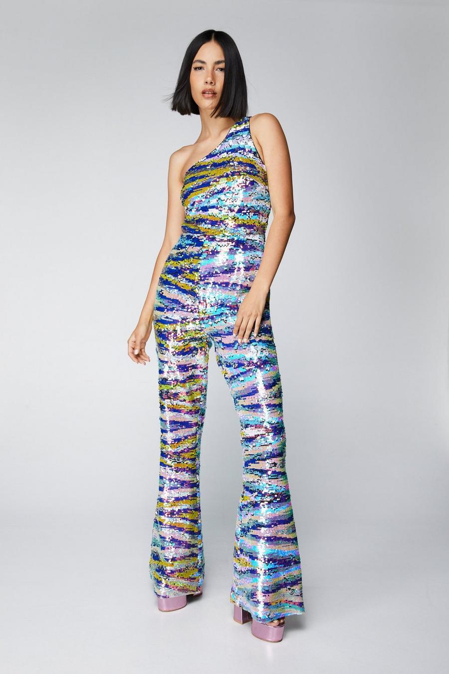 Multi Premium Sequin Stripe One Shoulder Jumpsuit