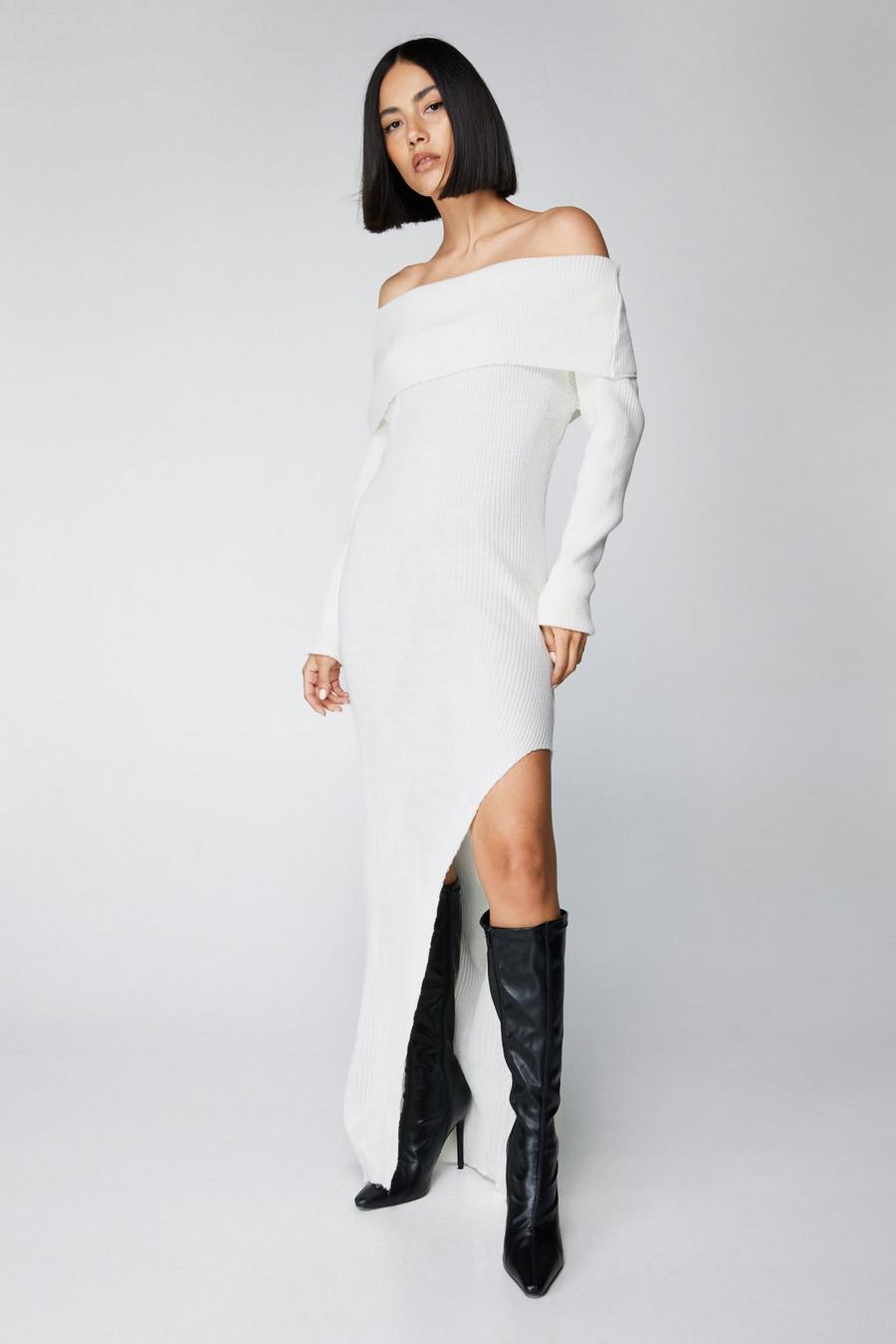 Ivory Knitted Bardot Maxi Dress
