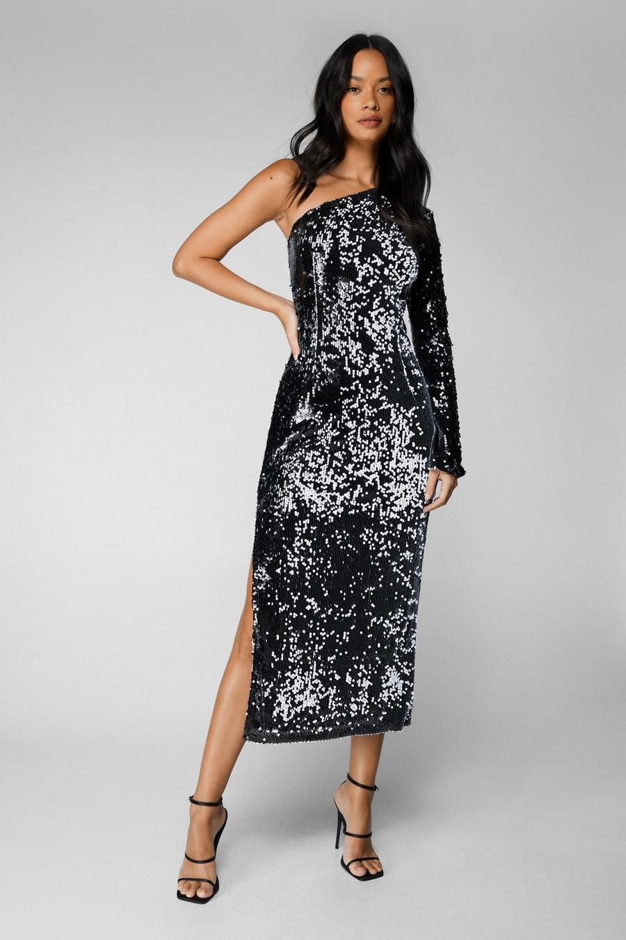 Charcoal One Shoulder Sequin Midi Dress