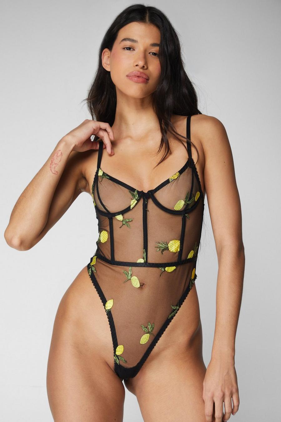 Black Lemon and Pineapple Embroidered Underwire Lingerie Bodysuit