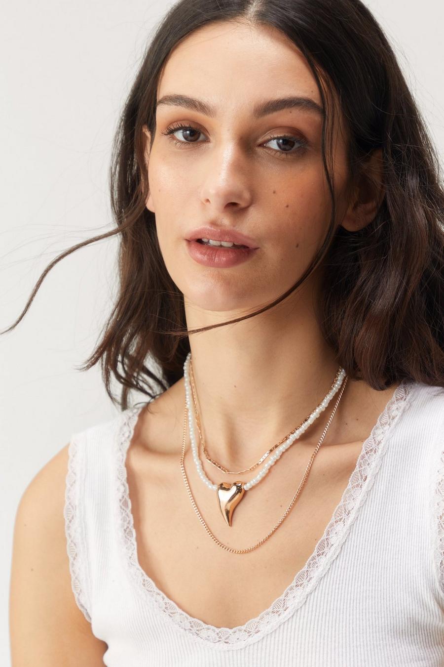 Gold Pearl Heart Layered Necklace