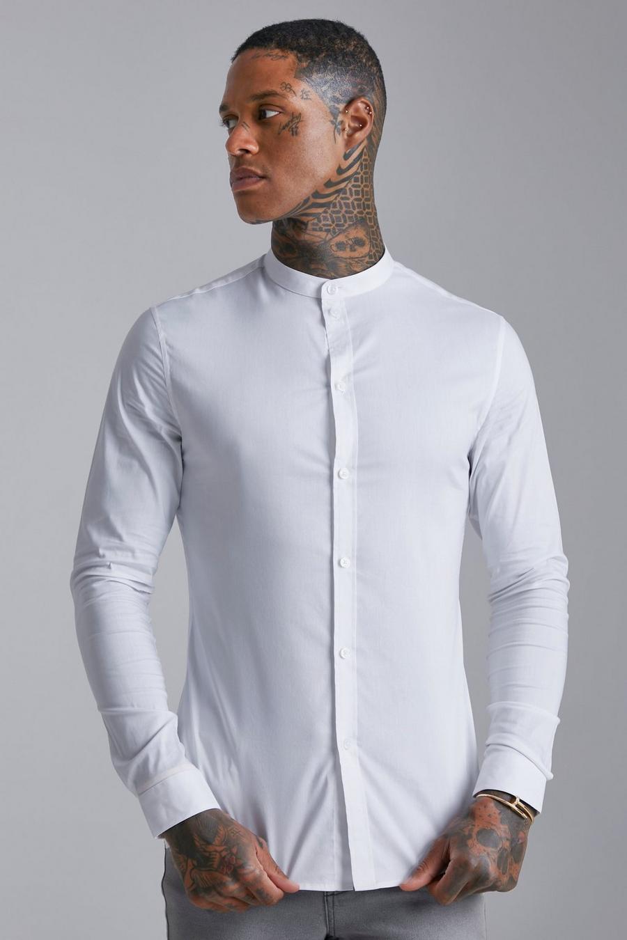 White Long Sleeve Grandad Collar Stretch Fit Shirt