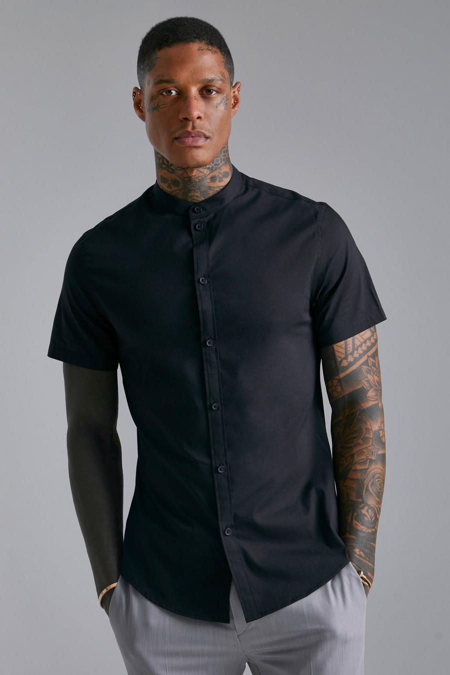 Black Short Sleeve Grandad Collar Stretch Fit Shirt