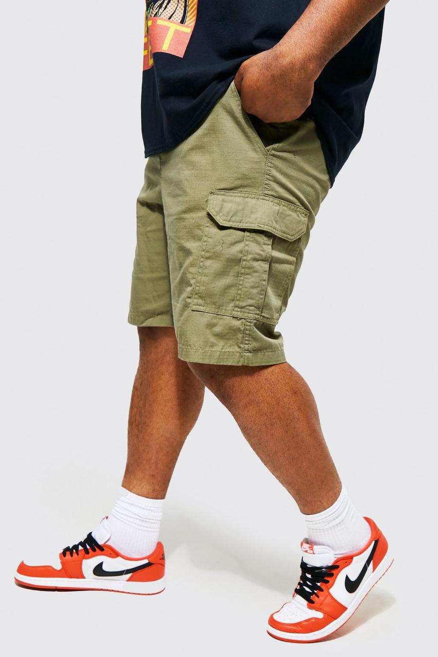 Khaki Plus Cargo Shorts Met Elastische Taille