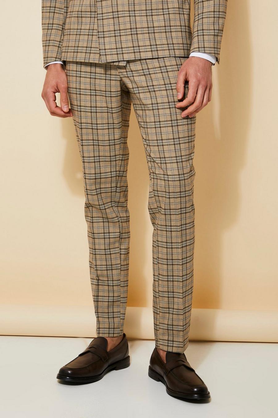 Beige  Skinny Check Suit Trousers