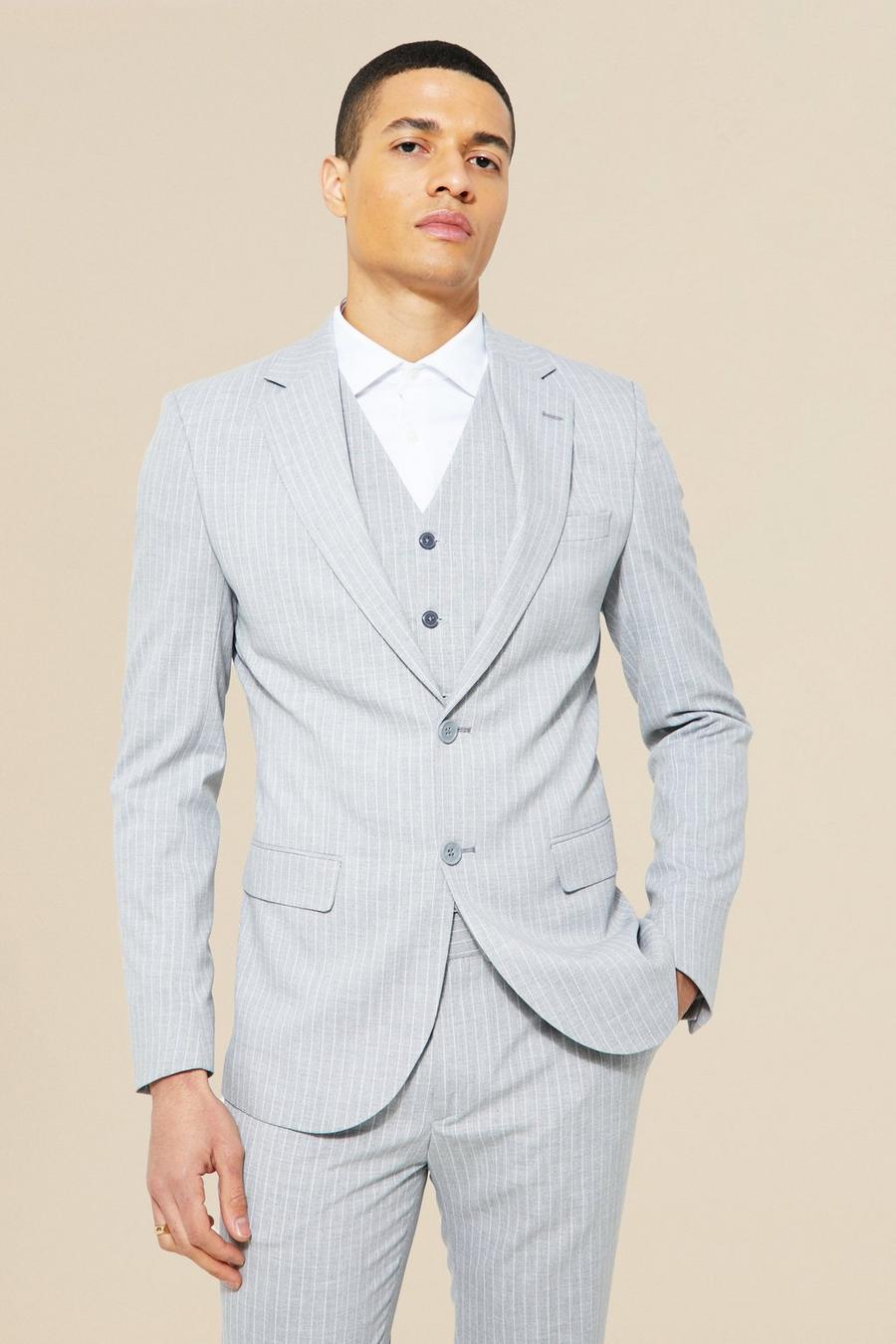 Chaqueta de traje ajustada con raya diplomática y botonadura, Light grey