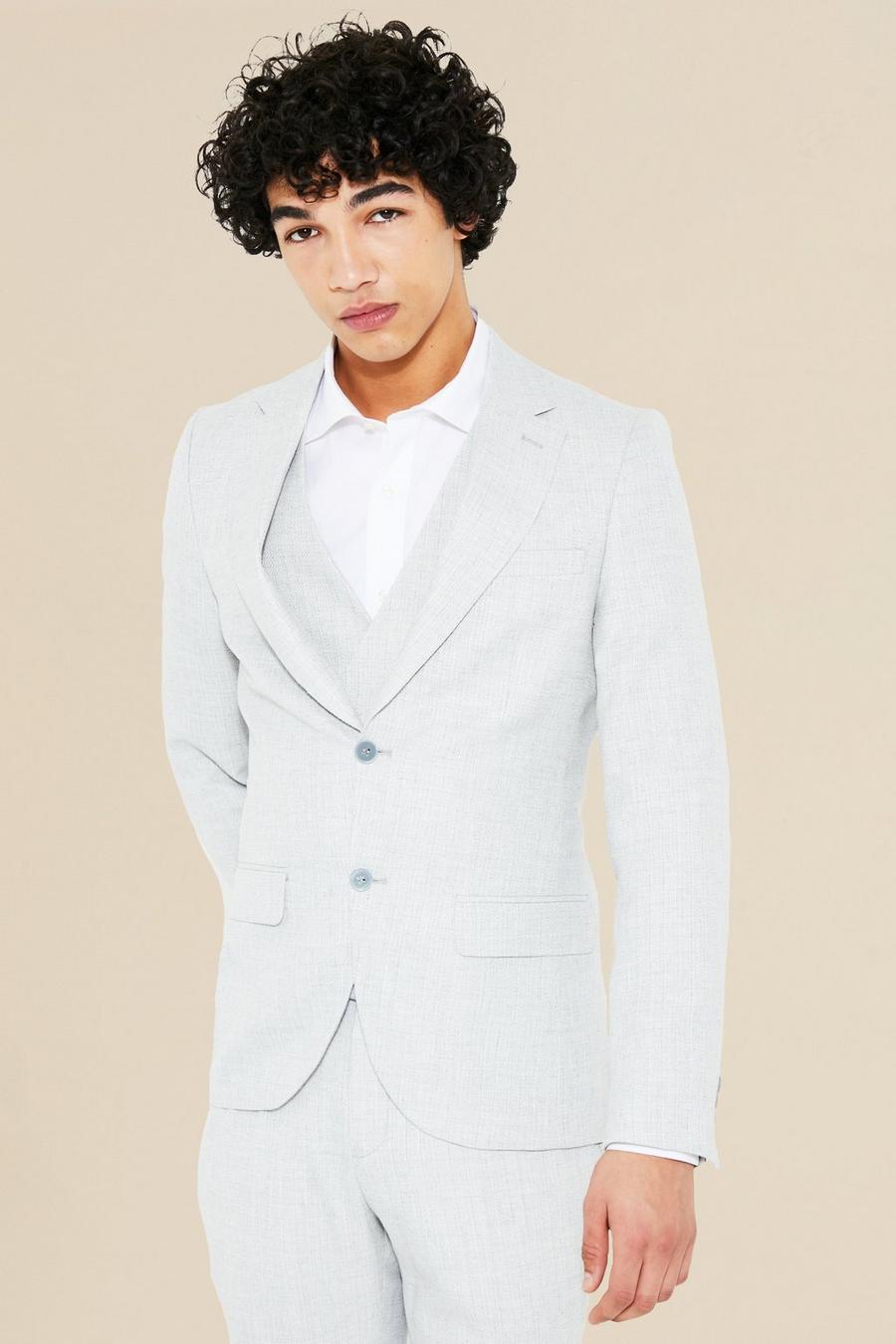 Grey Single Breasted Skinny Textured Suit Jacket image number 1