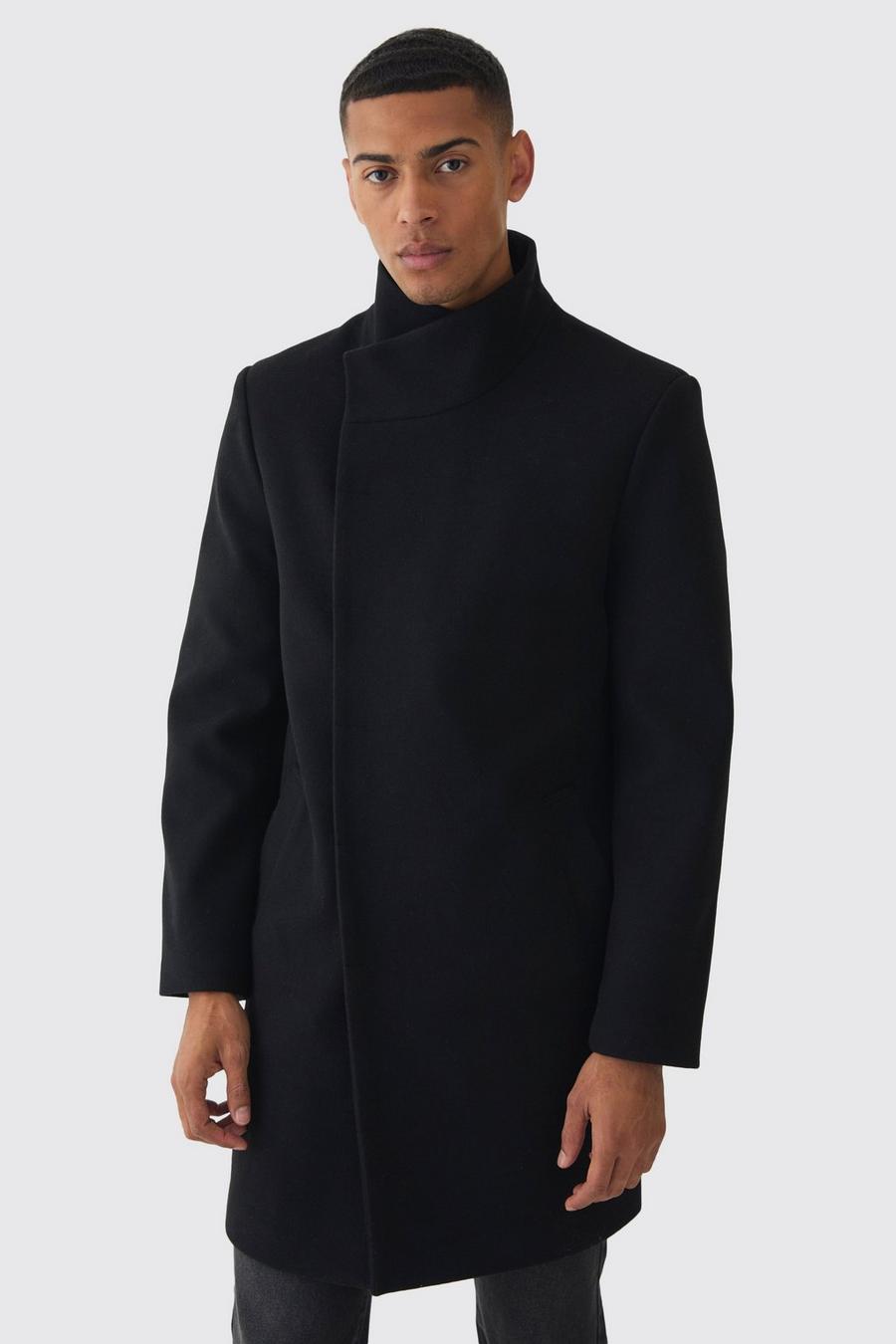 Funnel Neck Wool Look Overcoat in Black