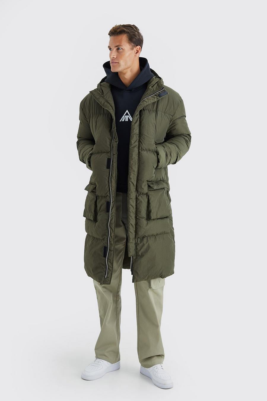 Tall 4 Pocket Longline Hooded Puffer Jacket in Khaki