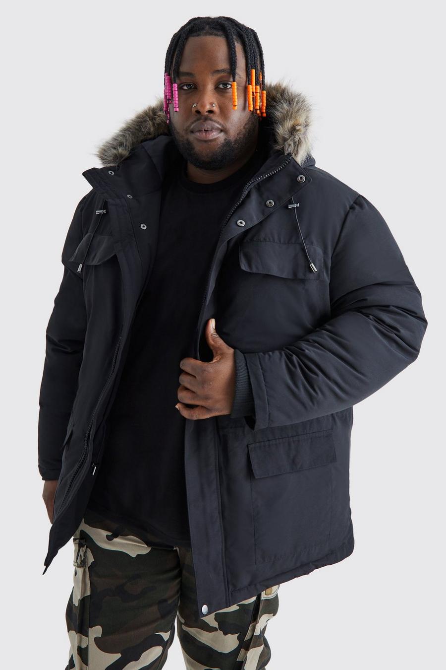 Plus Faux Fur Hooded Arctic Parka Jacket in Black image number 1