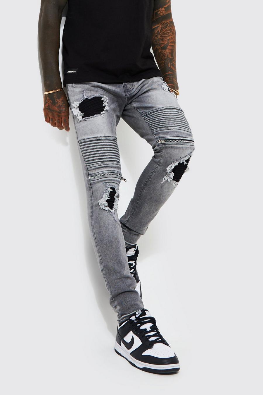 Mid grey Slitna skinny jeans med lagningar och bikerdetaljer