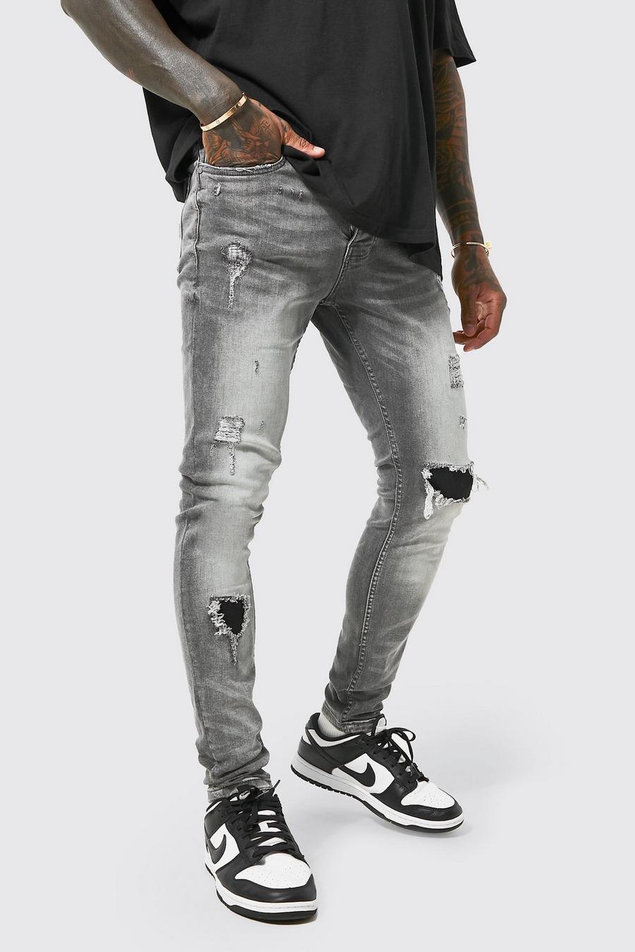 Jeans Skinny Fit in Stretch con strappi & rattoppi dello stesso tessuto, Mid grey