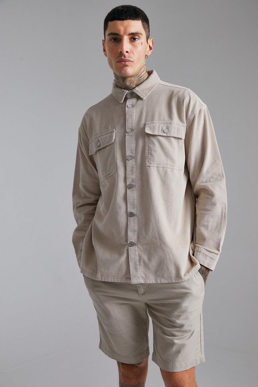 Camicia in velluto a coste oversize con tasche Utility, Stone