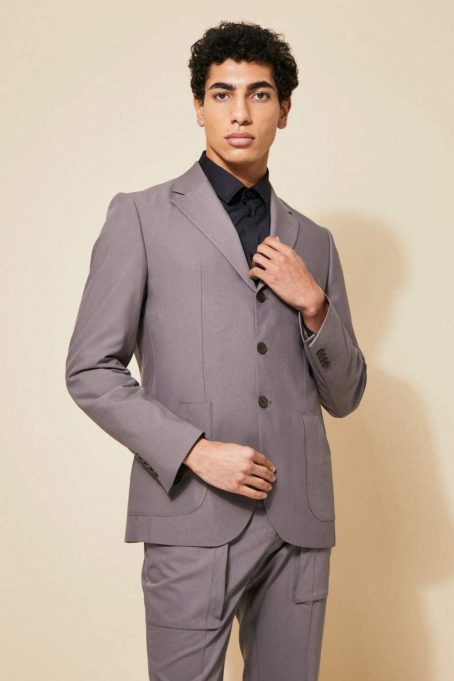 Taupe Single Breasted Patch Pocket Slim Suit Jacket