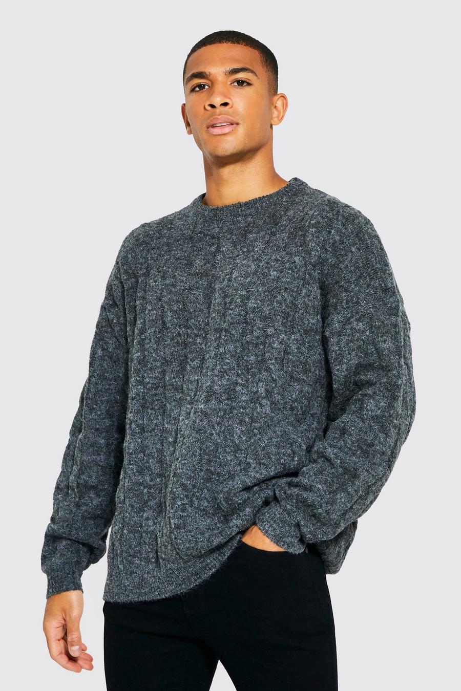 Oversize Zopfmuster-Strickpullover, Charcoal