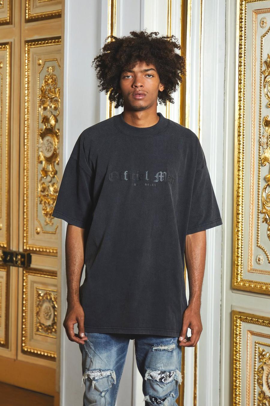 T-shirt oversize à col rond et imprimé - Official MAN, Acid wash black image number 1