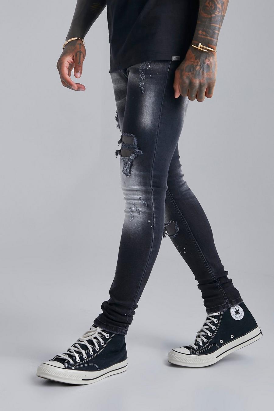 Zerrissene Super Skinny Jeans mit Farbspritzern, Washed black