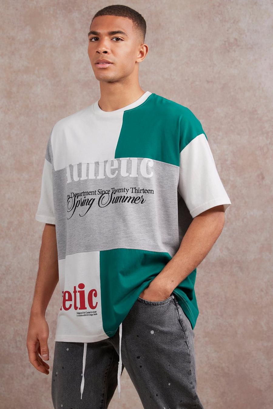 Camiseta oversize con estampado gráfico y retazos, Green