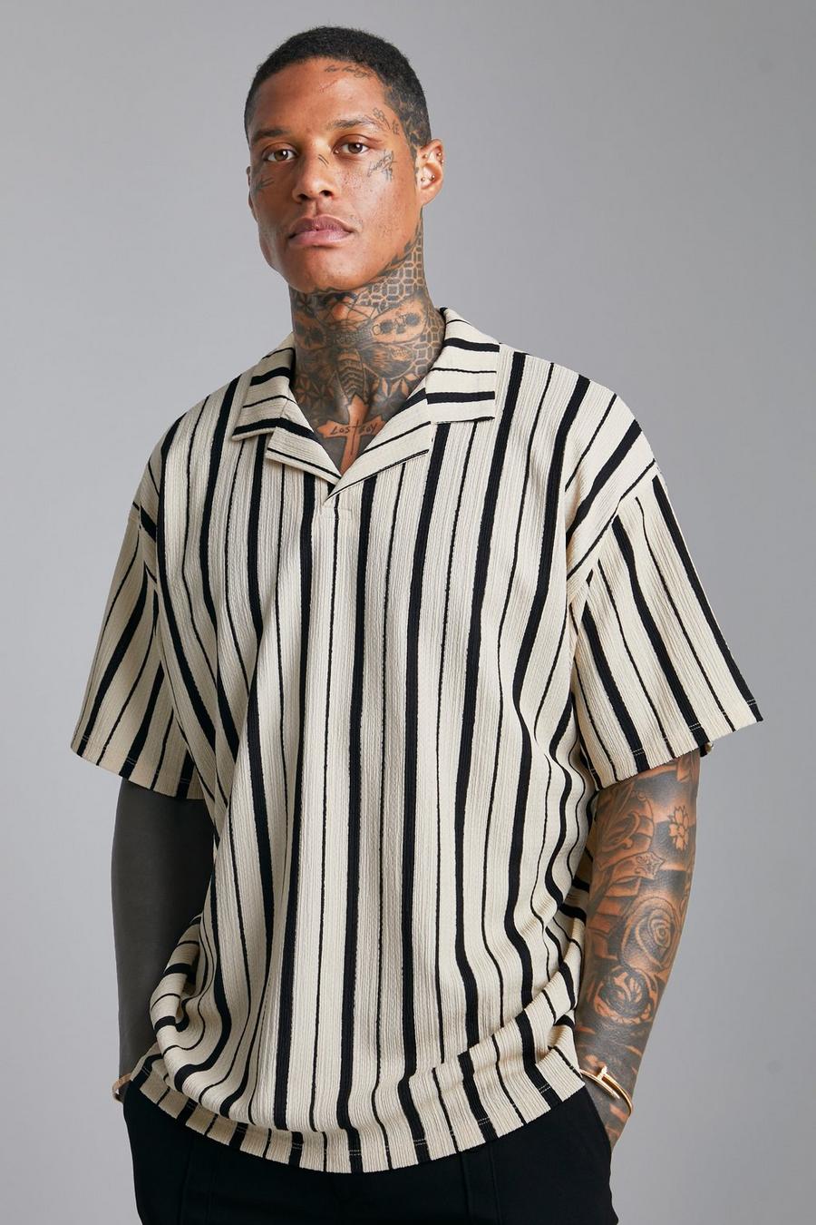 Sand Loose Fit Stripe Crinkle Polo image number 1