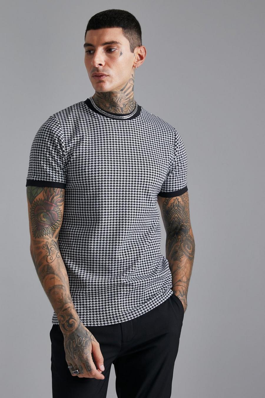 Black Net Jacquard Slim Fit Dogtooth T-Shirt Met Contrasterende Zoom