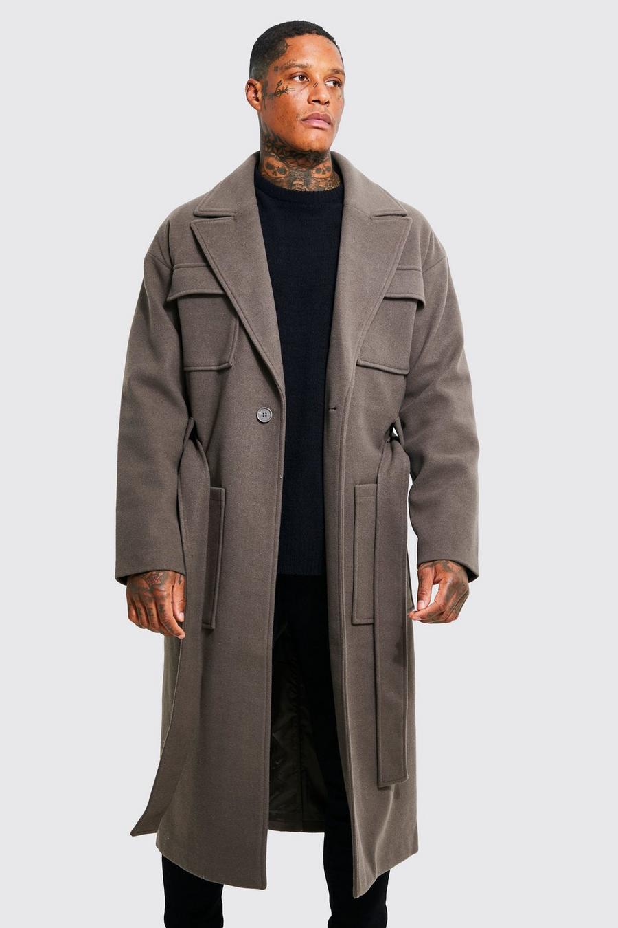 Taupe 4 Pocket Longline Belted Overcoat