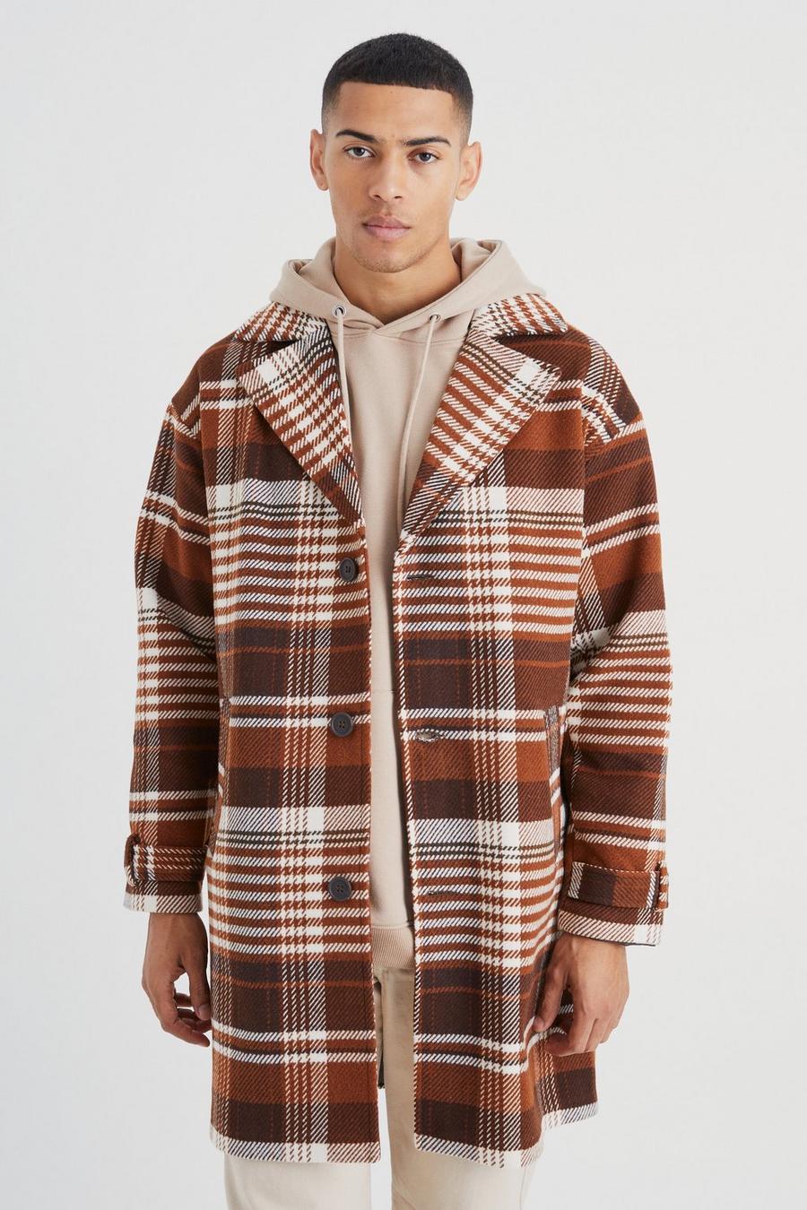 Rust Wool Look Check Single Breasted Overcoat image number 1