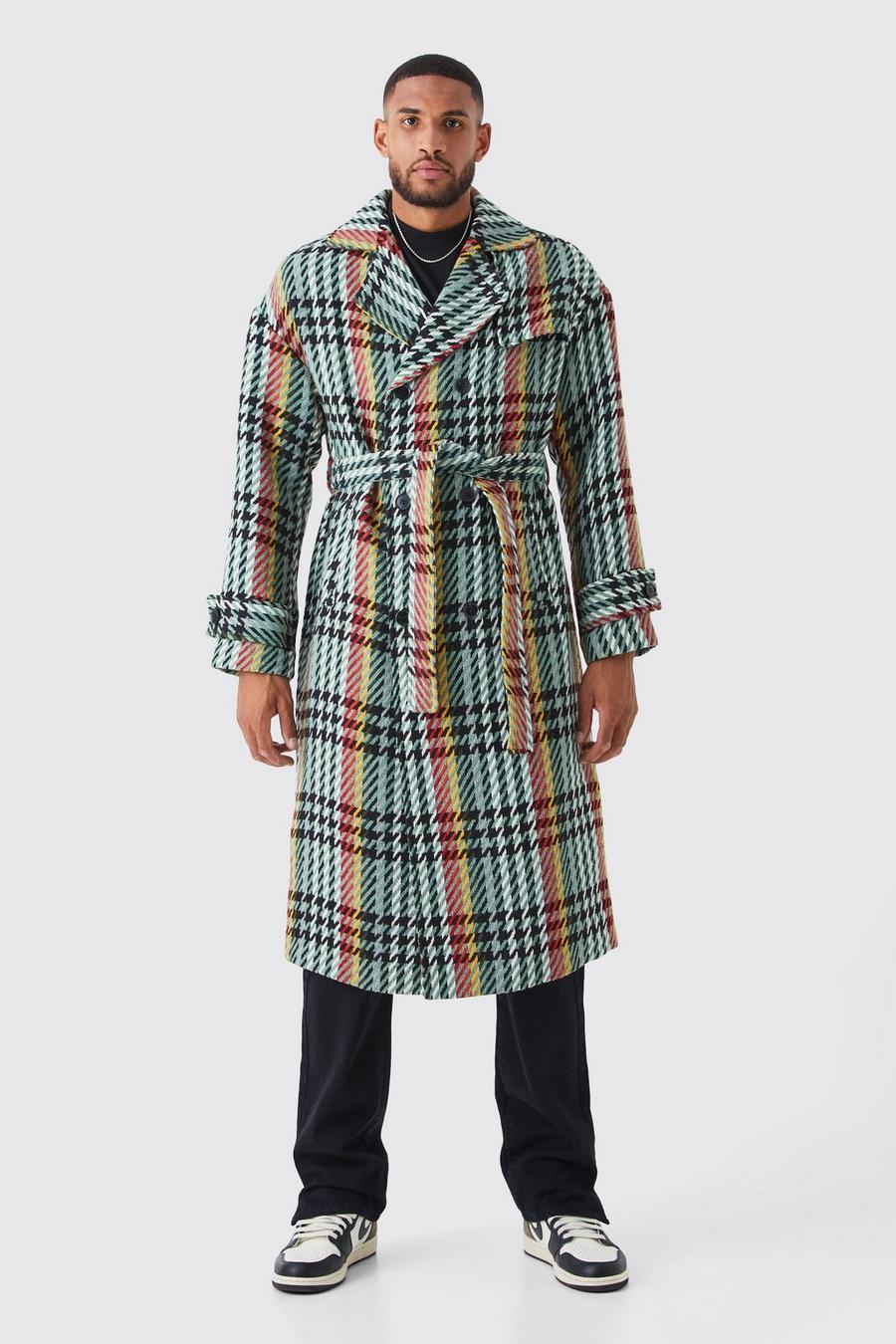 Multi Tall Wool Look Check Double Breasted Overcoat in Green