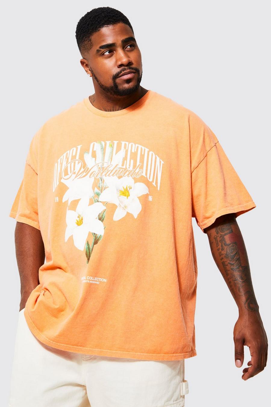 Grande taille - T-shirt surteint à imprimé fleuri, Orange image number 1