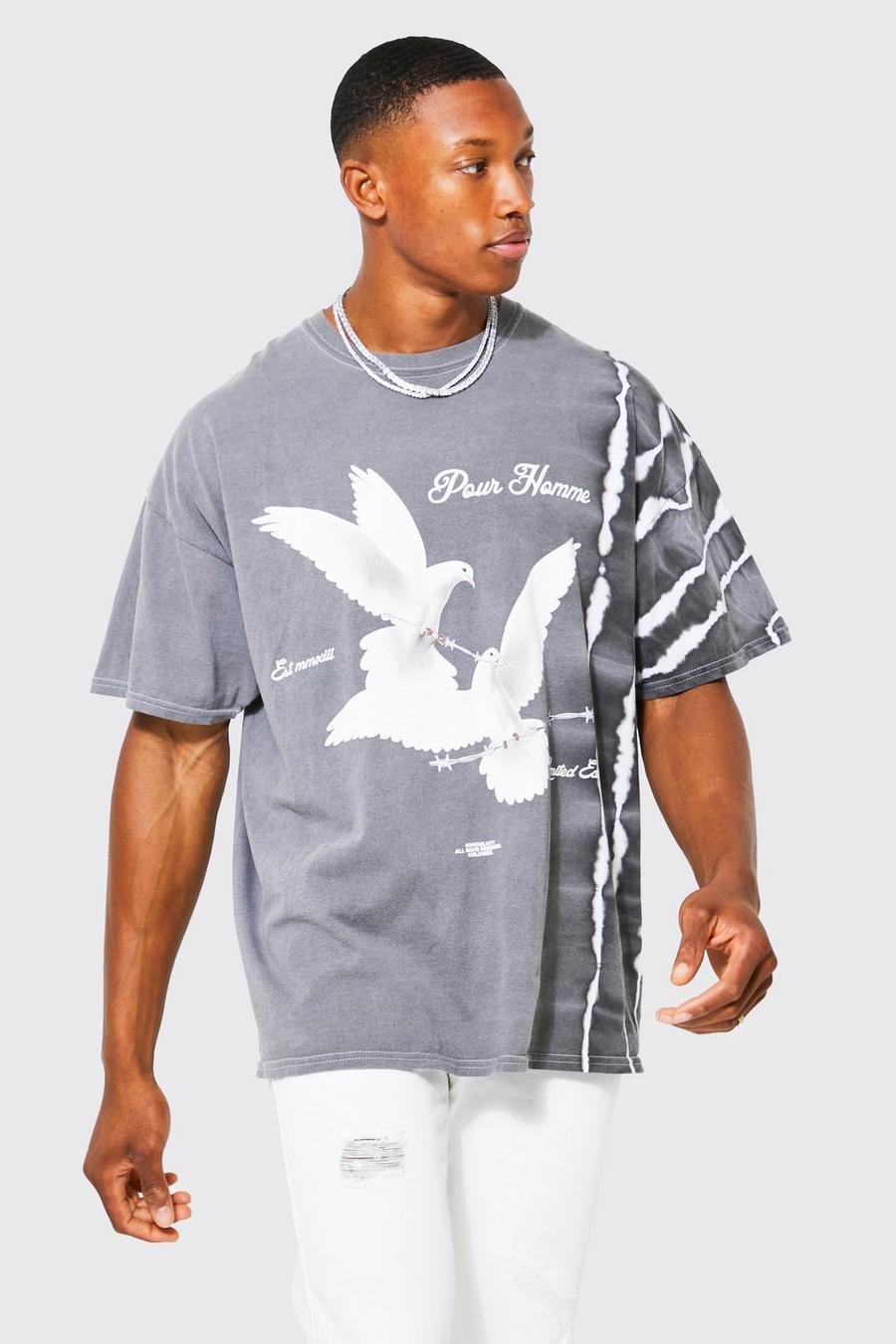 T-shirt oversize candeggiata in fantasia tie dye con grafica, Charcoal