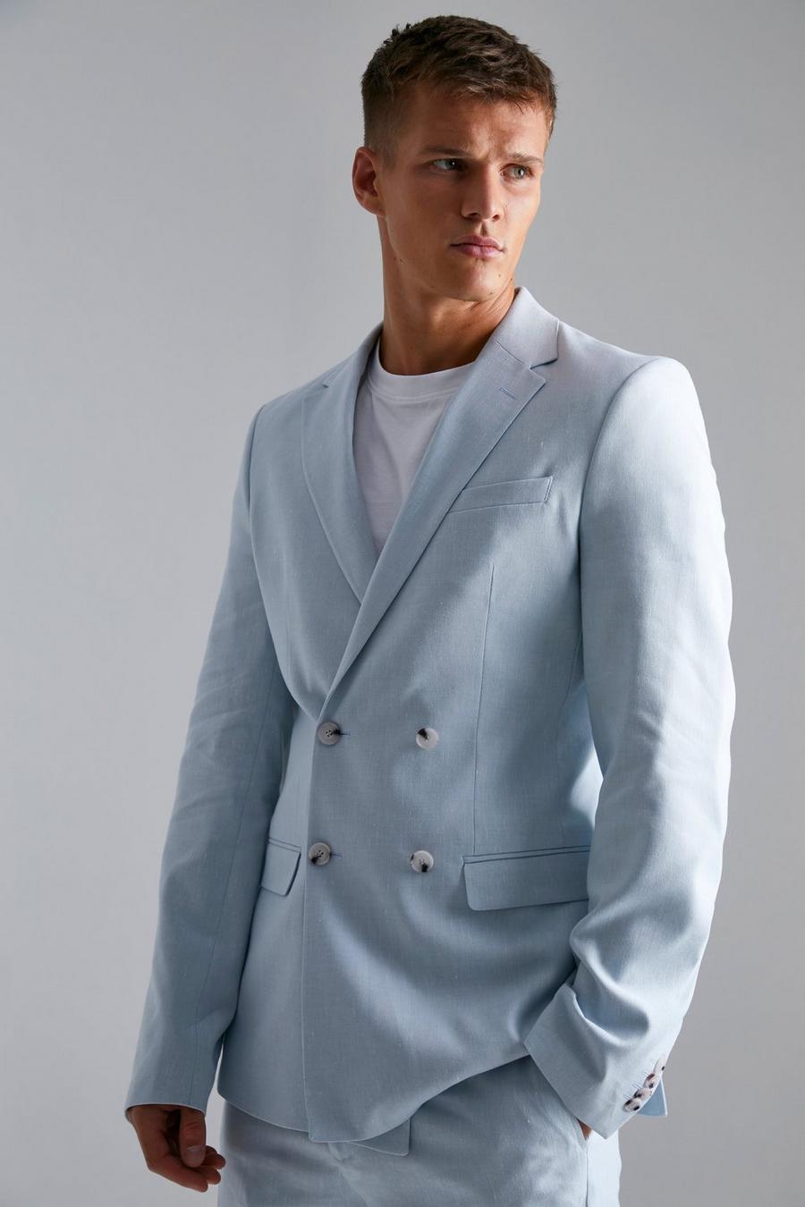 Chaqueta Tall de traje ajustada de lino con botonadura doble, Light blue