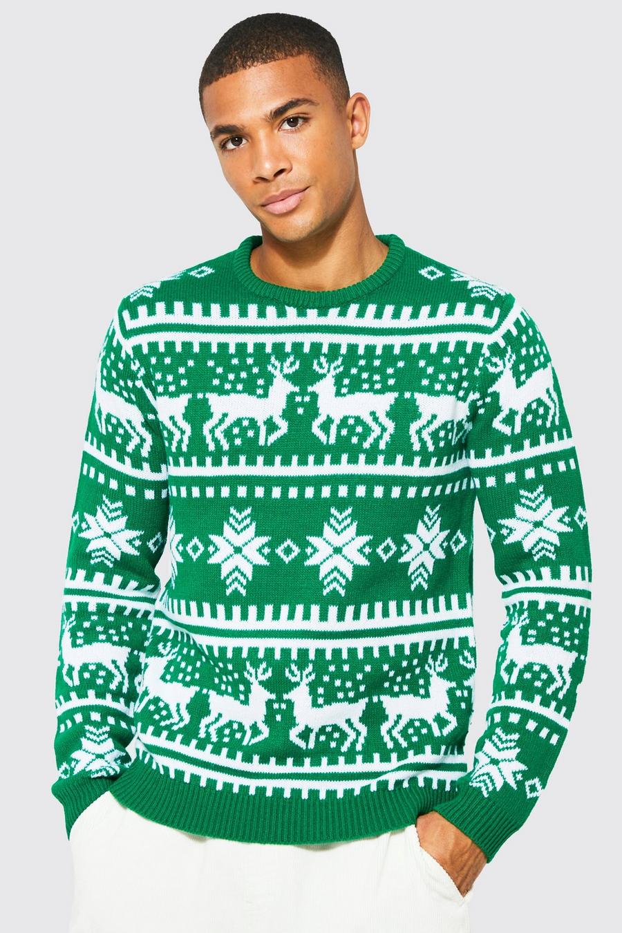 Maglione natalizio con renne e motivi Fairisle, Green image number 1